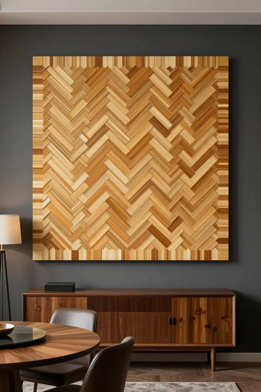 A large wall art panel featuring a geometric herringbone pattern made of small bamboo sticks.