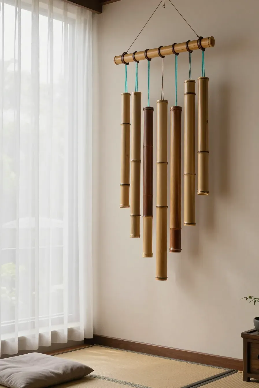 A decorative wall display of hanging bamboo tubes suspended from a branch in a zen room.