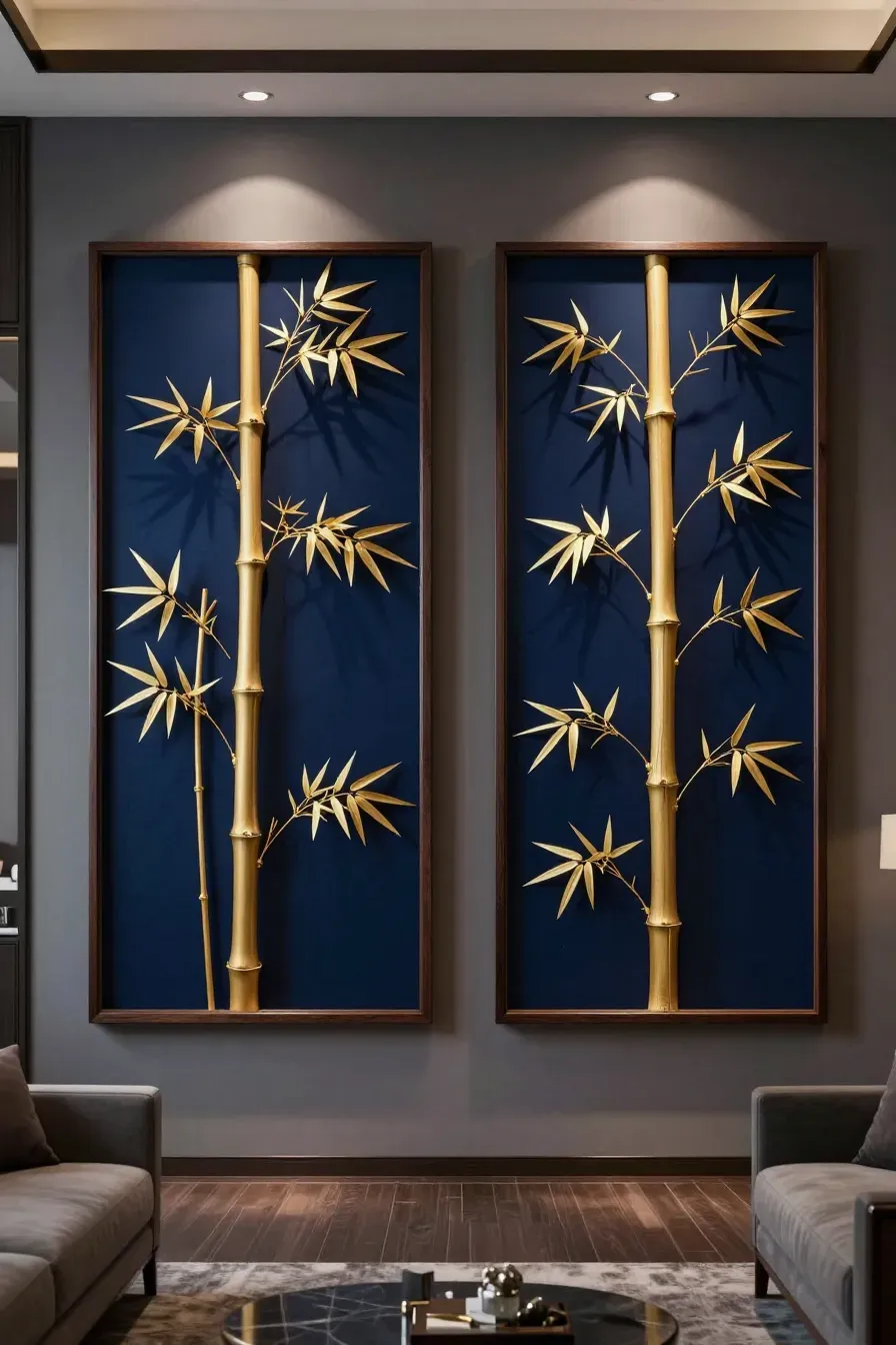 Two large shadow boxes containing natural bamboo branches displayed on a navy blue wall.