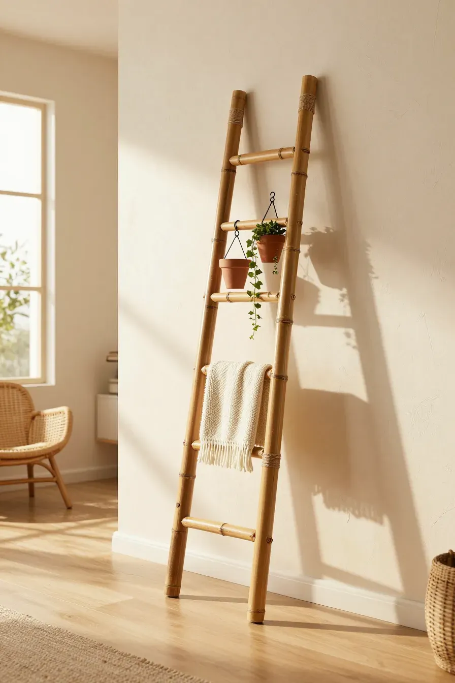 A rustic bamboo ladder leaning against a white wall with hanging blankets and potted plants.
