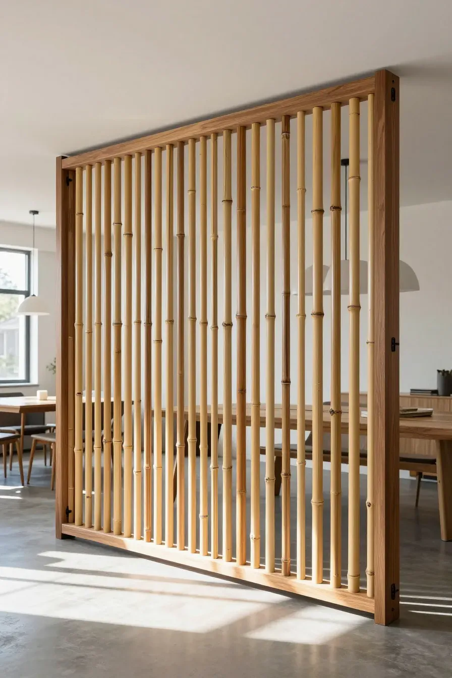 A modern room divider made of vertical bamboo slats in a dark wood frame.