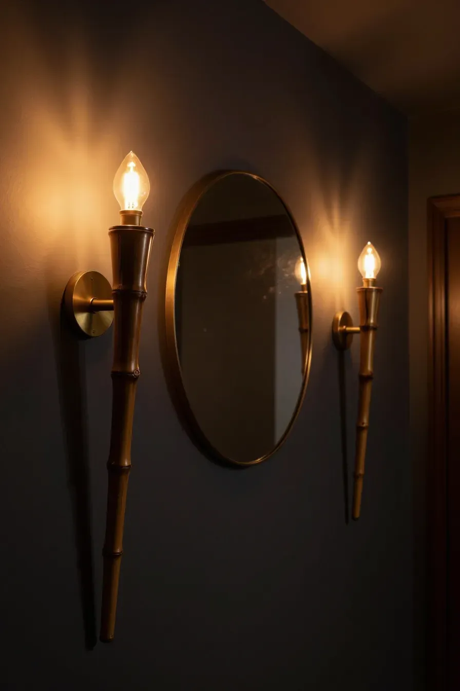 Two bamboo torches mounted as wall sconces emitting a warm amber light in a hallway.