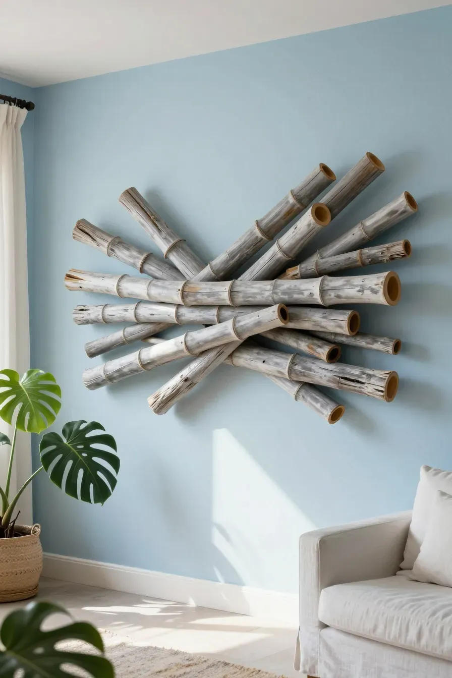 A large horizontal wall sculpture made of weathered, silver-toned bamboo pieces.