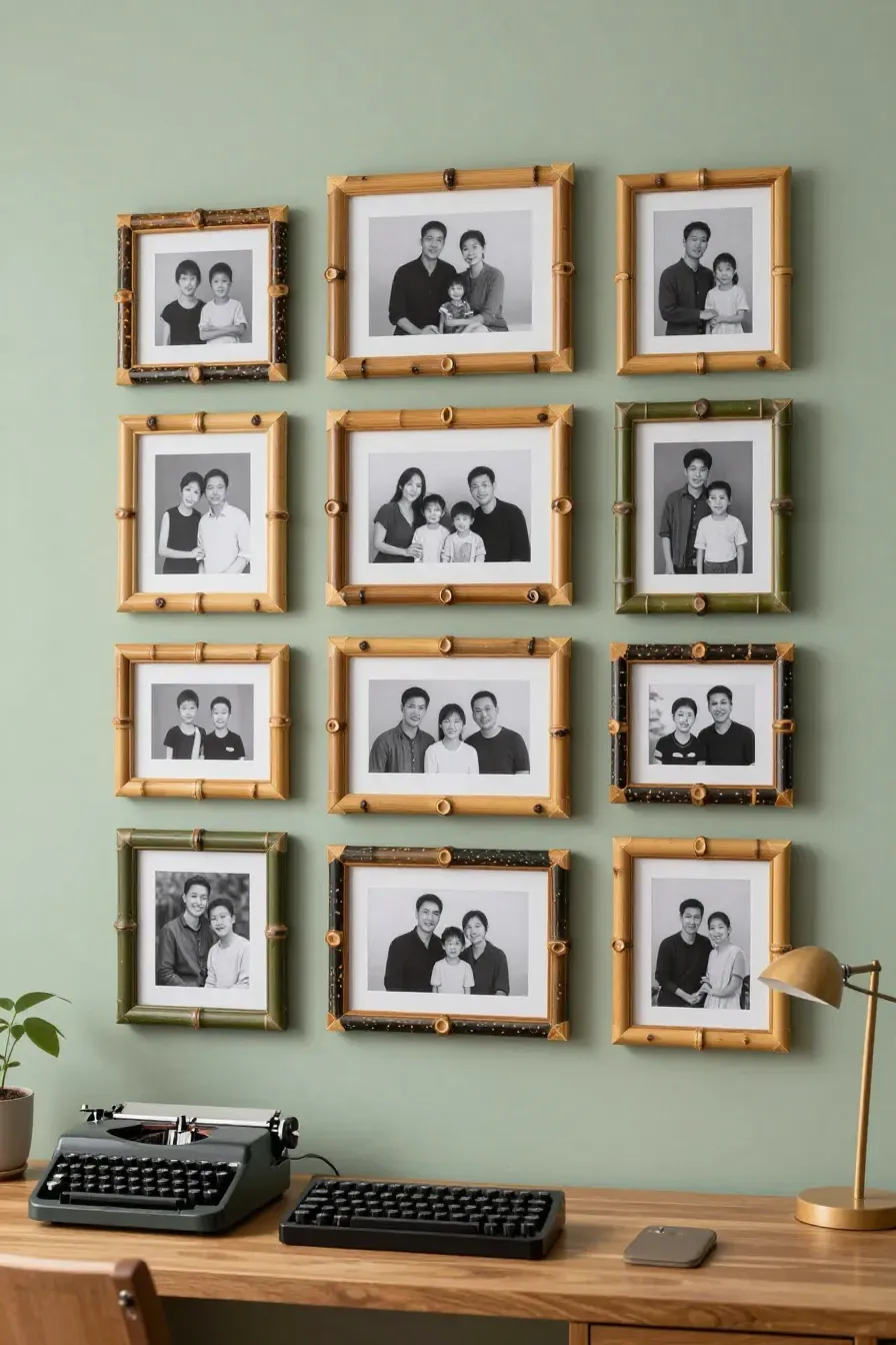 A collection of handmade bamboo picture frames arranged in a gallery wall layout.