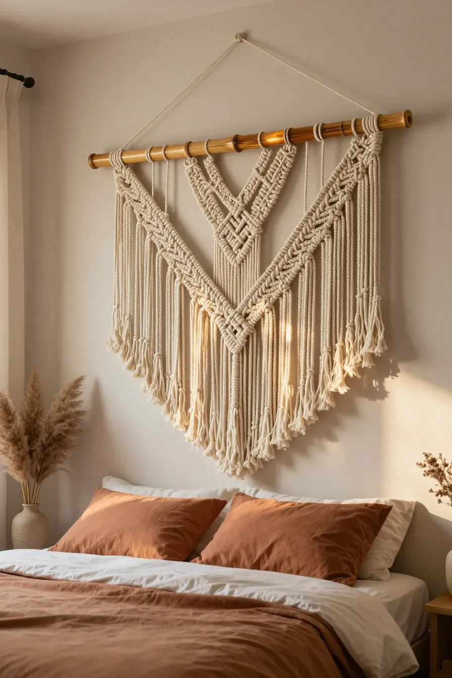 A large cream macrame wall hanging suspended from a natural bamboo rod above a bed.