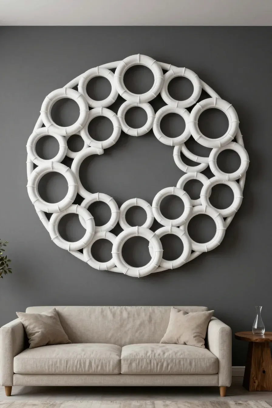 A large white matte bamboo ring sculpture mounted on a dark gray wall in a modern living room.