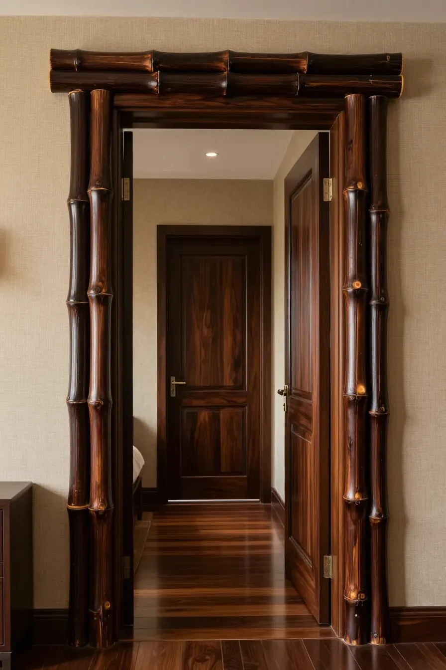 A doorway framed with thick dark-stained bamboo poles against a textured grasscloth wall.