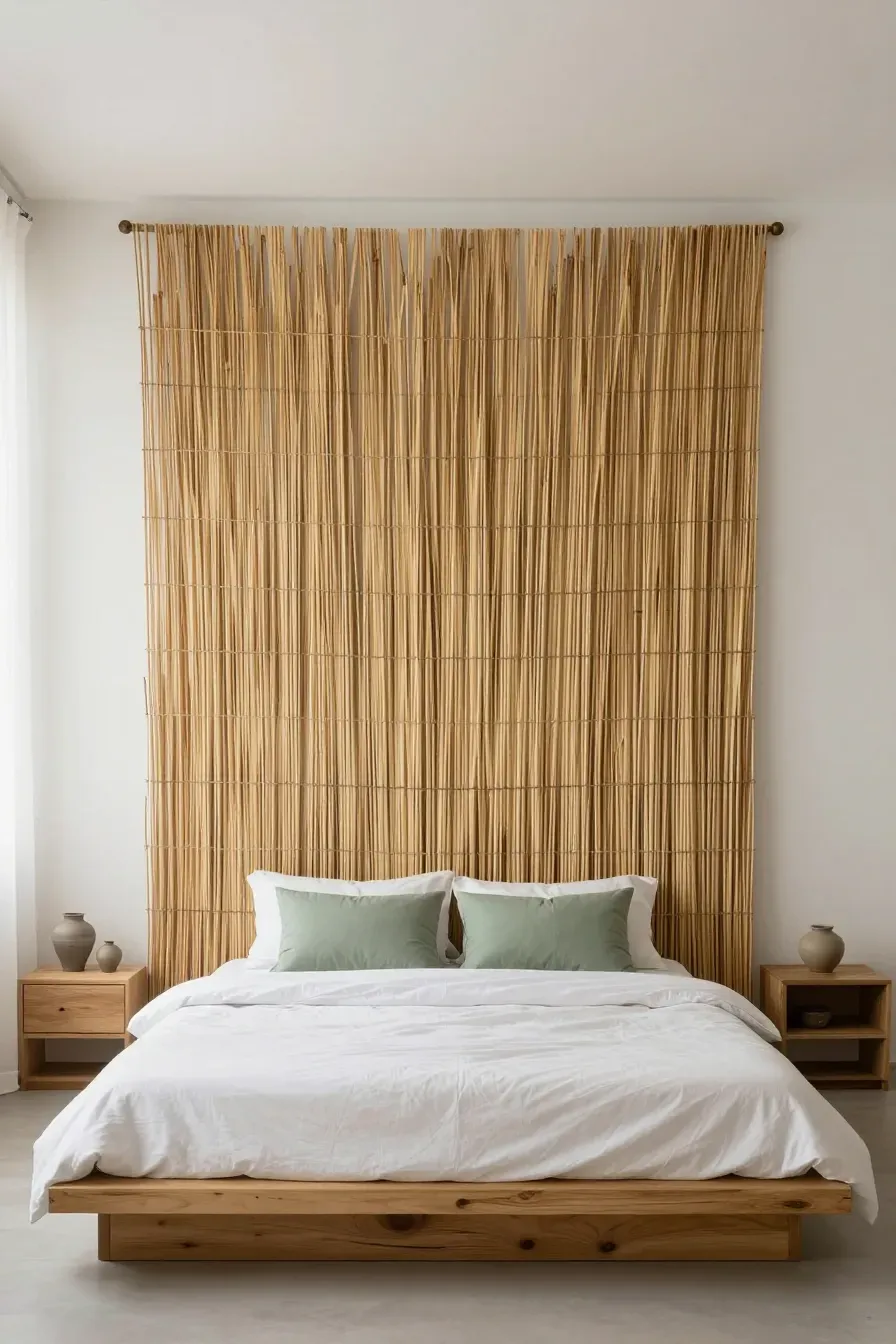 A large bamboo reed mat hanging as a textured headboard tapestry in a minimalist bedroom.