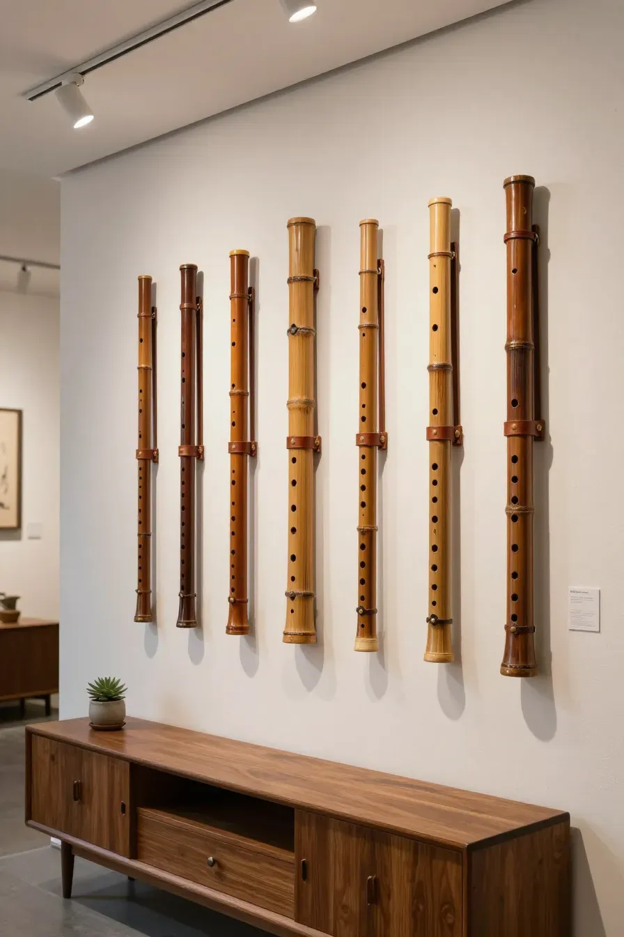 A collection of vintage bamboo flutes mounted on a white wall with leather straps.