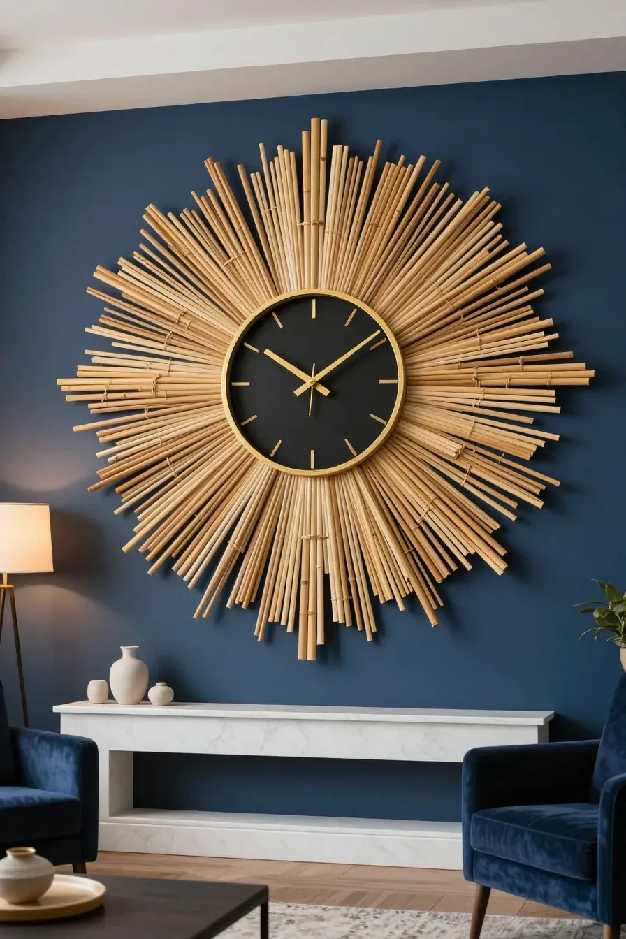 A large wall clock with a radiating sunburst frame made of natural bamboo sticks.