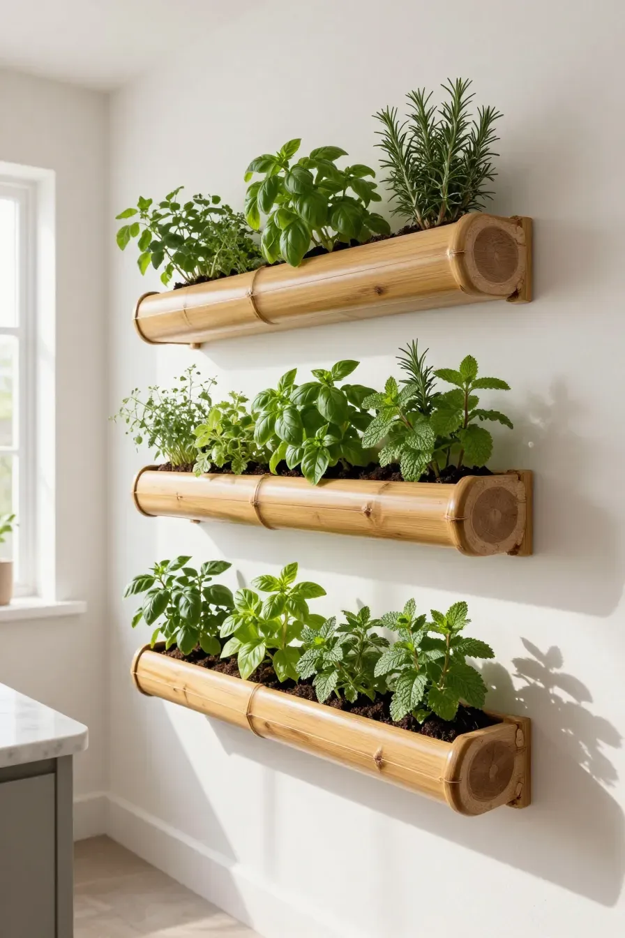 A tiered vertical herb garden made from bamboo poles mounted on a bright kitchen wall.