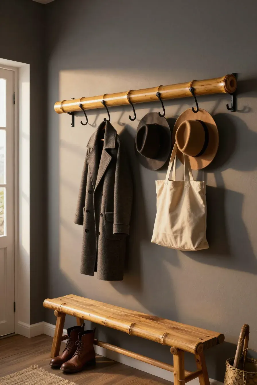 A horizontal bamboo pole coat rack with black hooks mounted on a gray entryway wall.