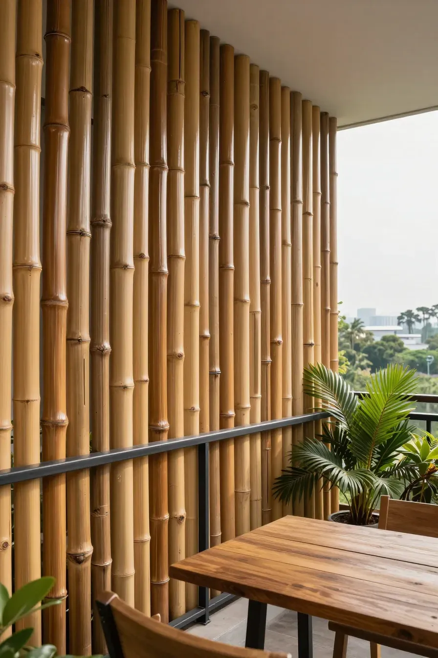 A tall privacy wall made of thick vertical bamboo poles on a modern sunlit balcony with plants.