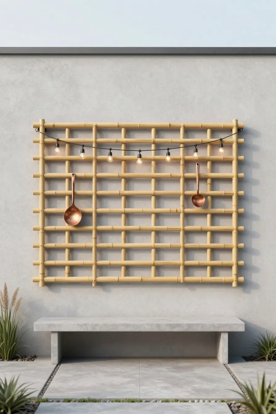 A horizontal bamboo lattice mounted on a gray patio wall with hanging copper tools and lights.