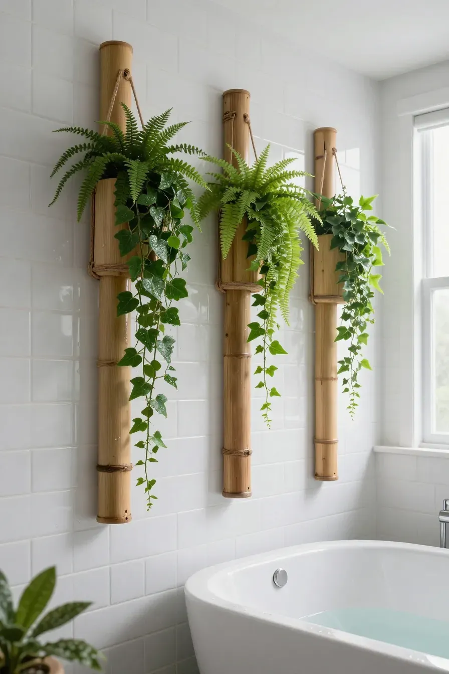 Vertical bamboo poles used as wall planters with ivy in a bright, modern white bathroom.