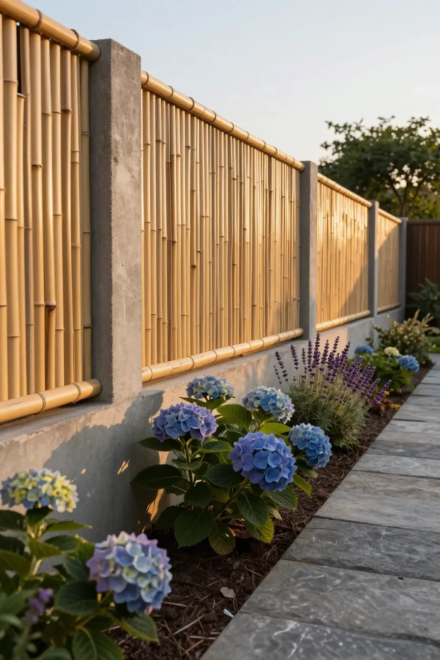 A textured split bamboo fence covering a concrete wall behind a garden of purple flowers.