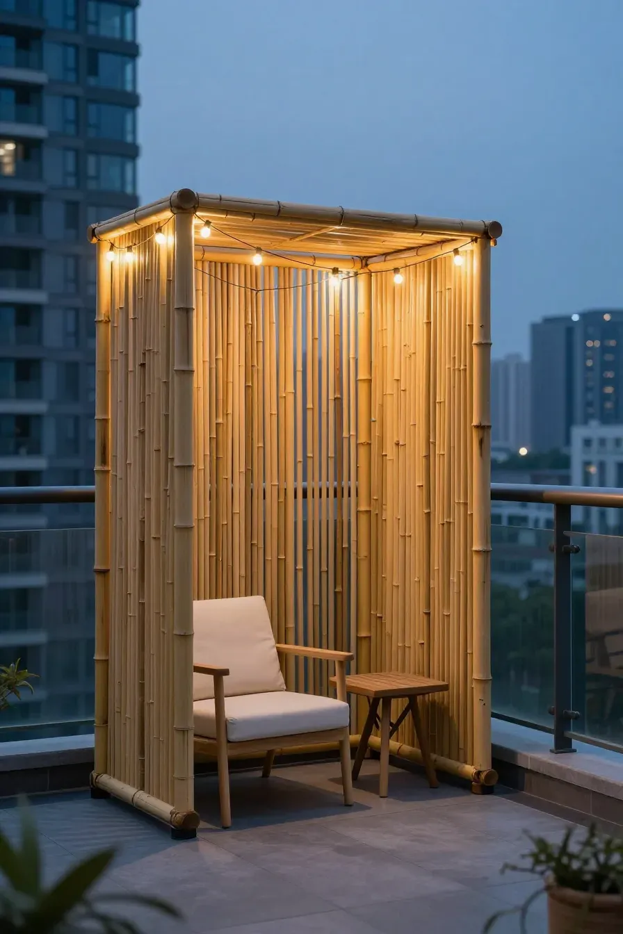 A portable bamboo screen dividing a cozy seating area on a balcony with city lights in the background.