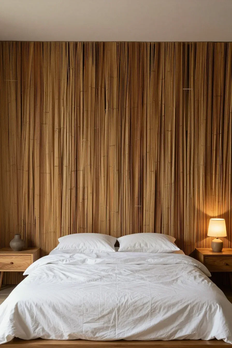 A bedroom with a toasted brown bamboo reed accent wall behind a bed with white linens.