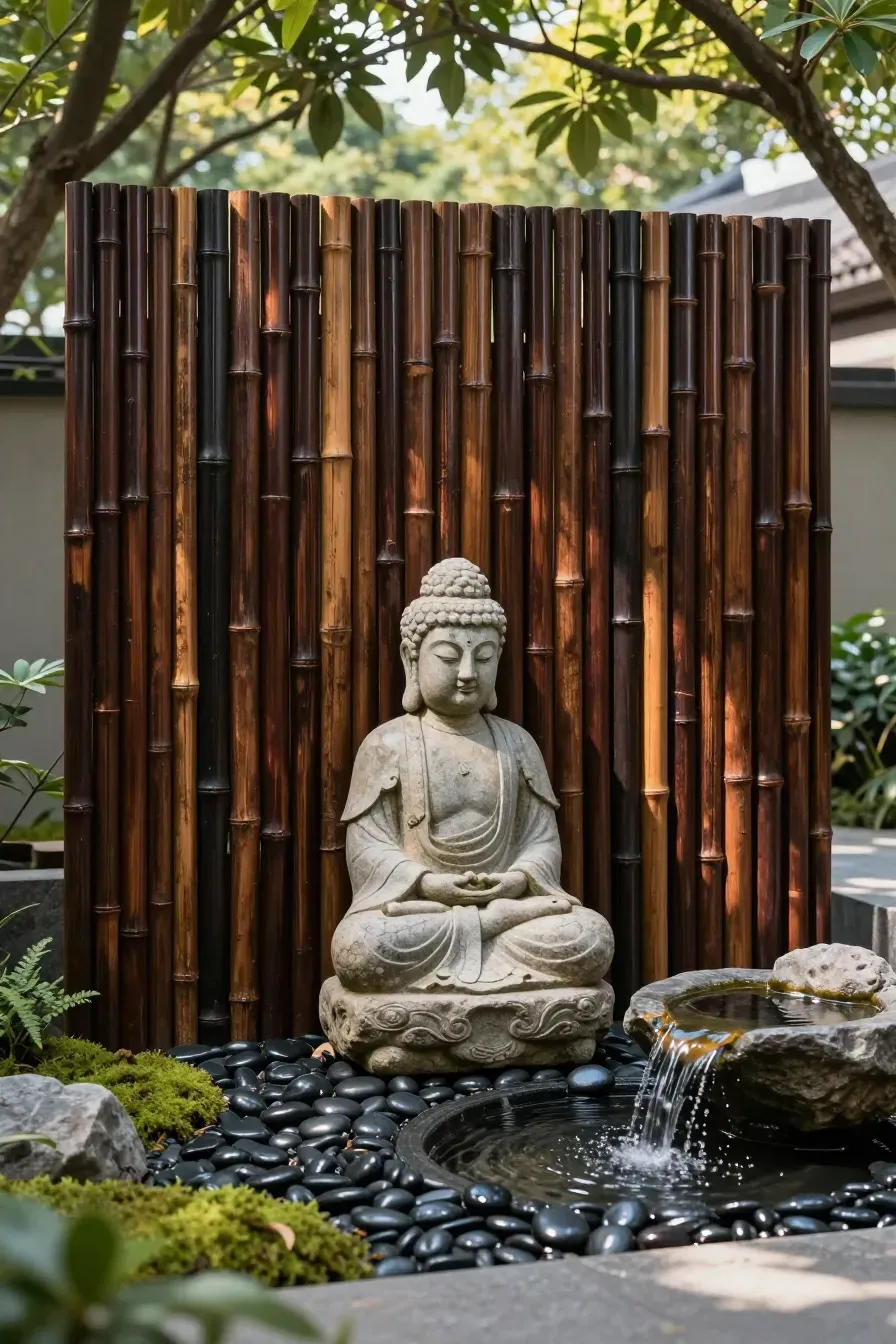 A dark-stained bamboo slat wall acting as a backdrop for a stone statue in a zen garden.