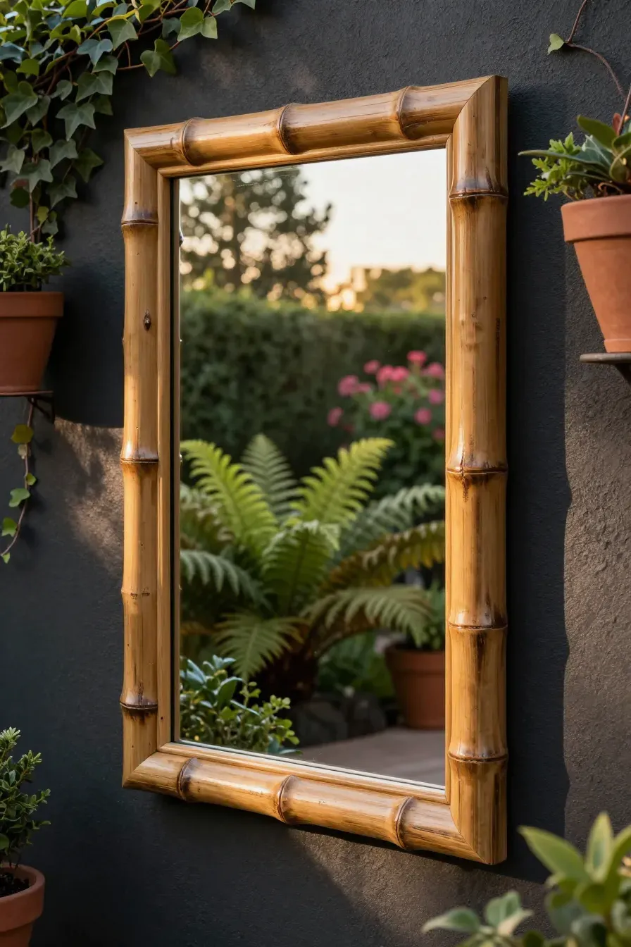 A large mirror with a thick bamboo pole frame hanging on an outdoor garden wall reflecting lush greenery.