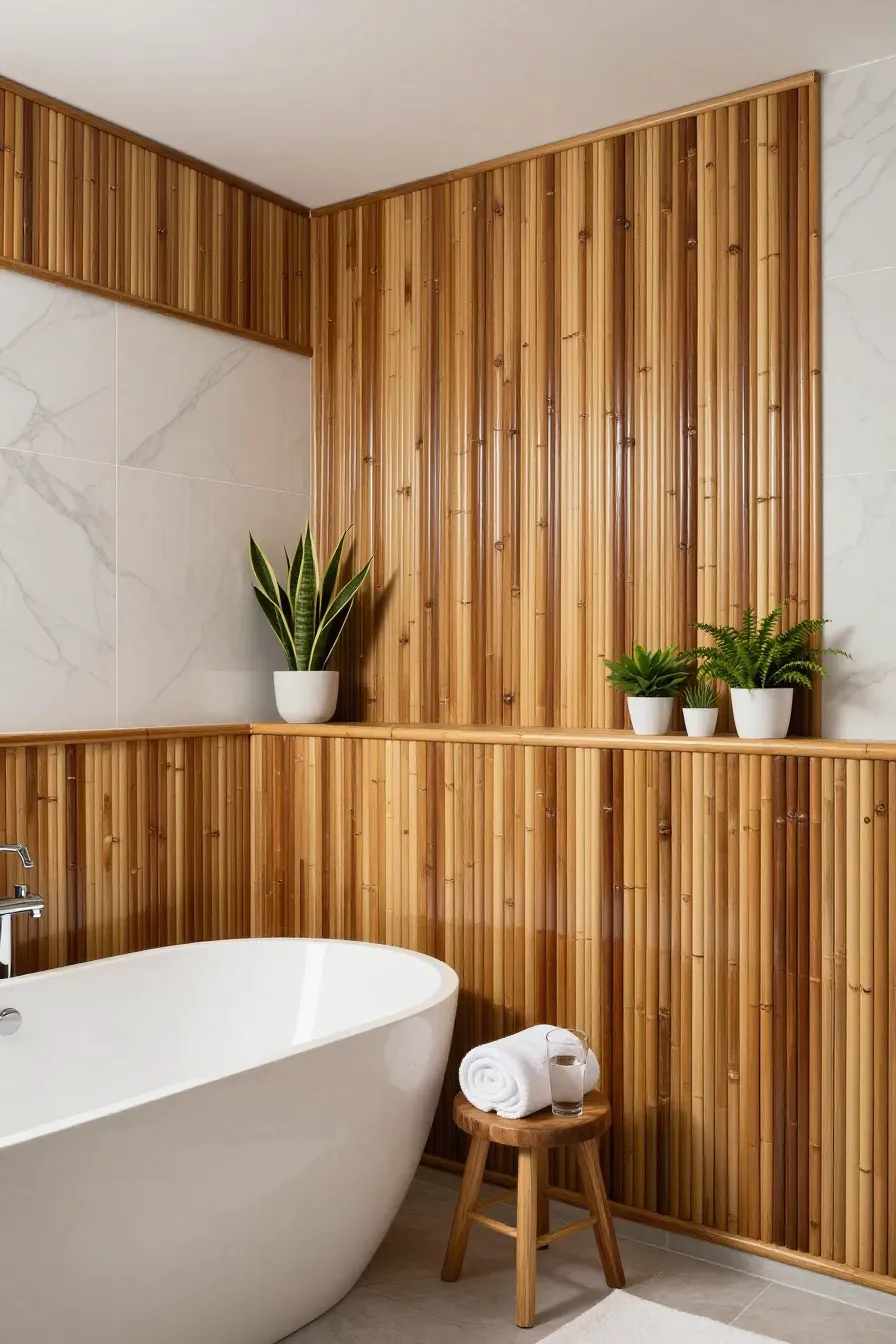 A modern bathroom with vertical bamboo slat wainscoting on the lower half of the walls and a white soaking tub.