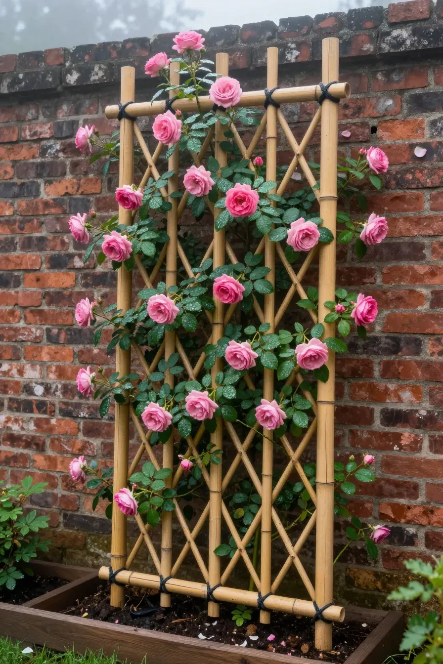 A tall diamond-pattern bamboo trellis supporting pink climbing roses against a rustic red brick wall.