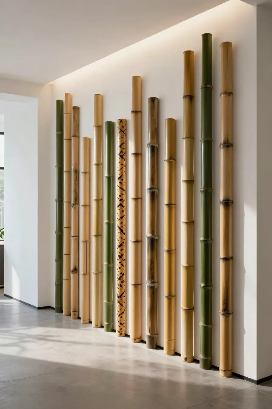 An entryway feature wall with staggered vertical bamboo poles of different heights and colors.