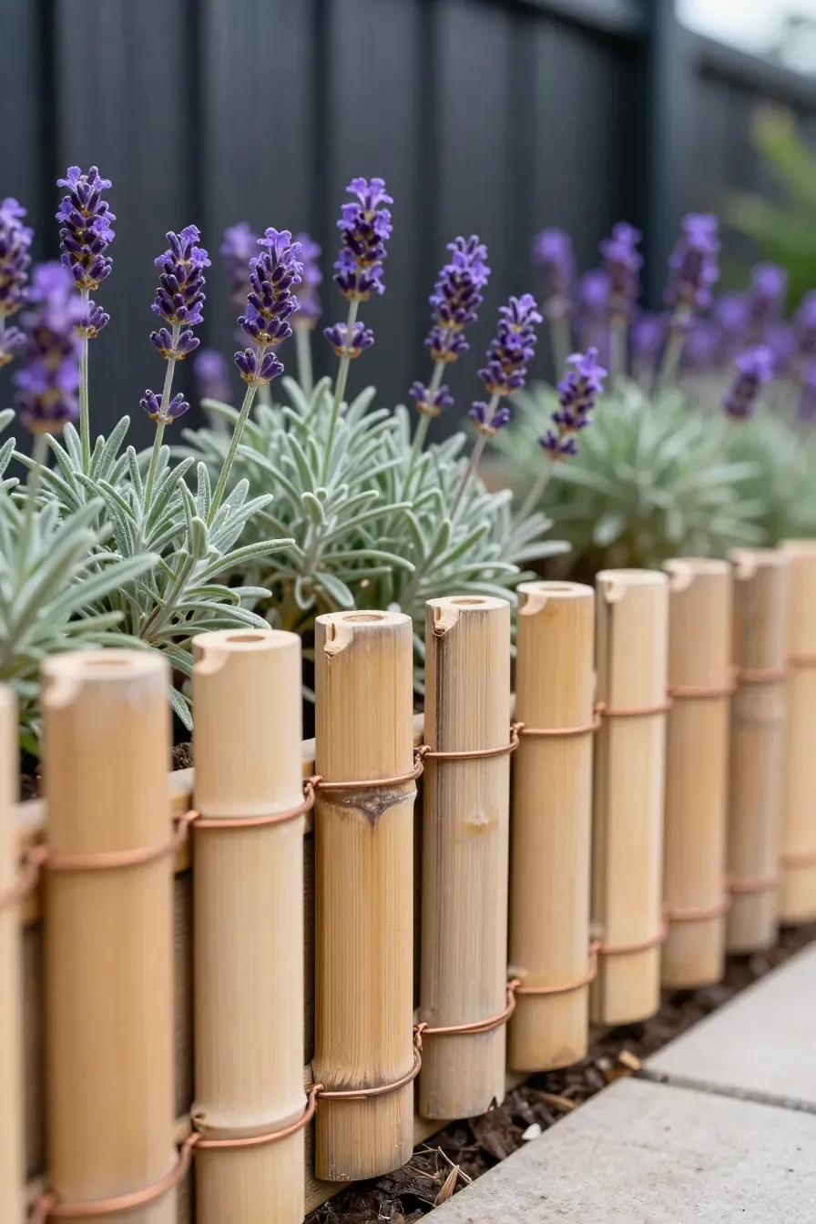 A decorative border made of short bamboo poles lining a garden bed with purple lavender plants.