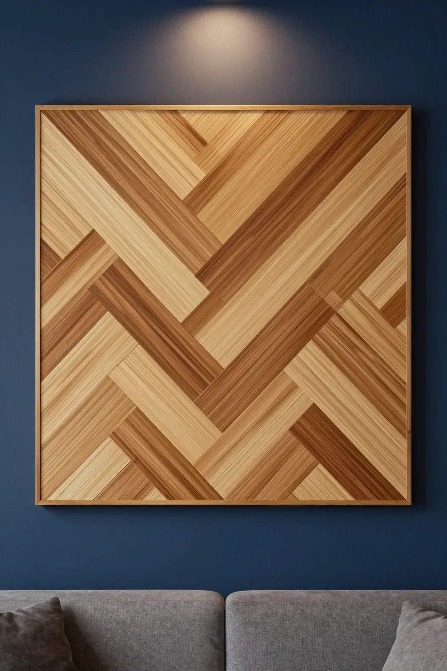 A decorative wall panel with bamboo slats arranged in a herringbone pattern on a navy blue wall.