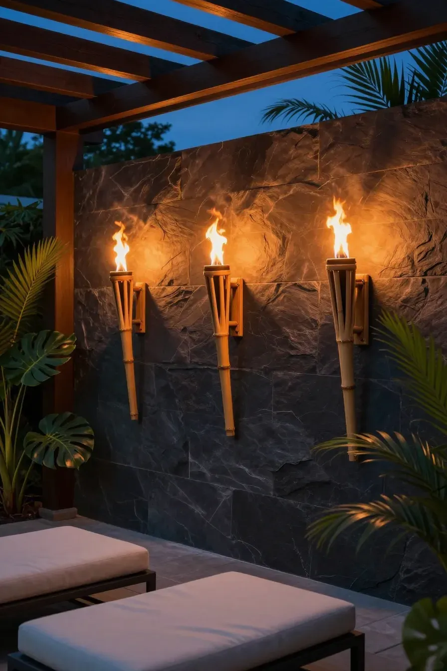 Three bamboo torches mounted on a dark stone garden wall at night with flickering orange flames.