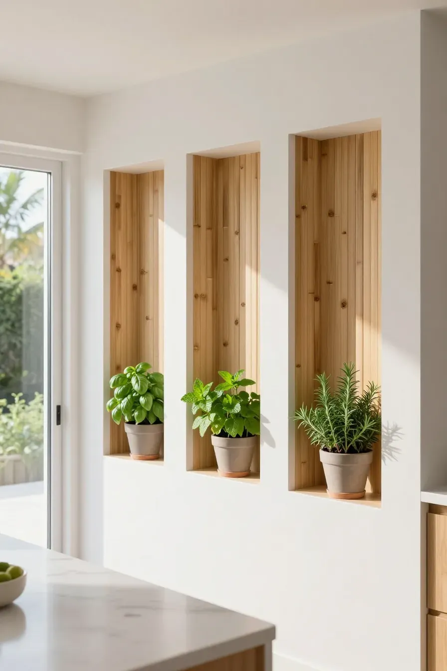 Modern white wall with recessed niches lined in bamboo slats holding small green herb plants.