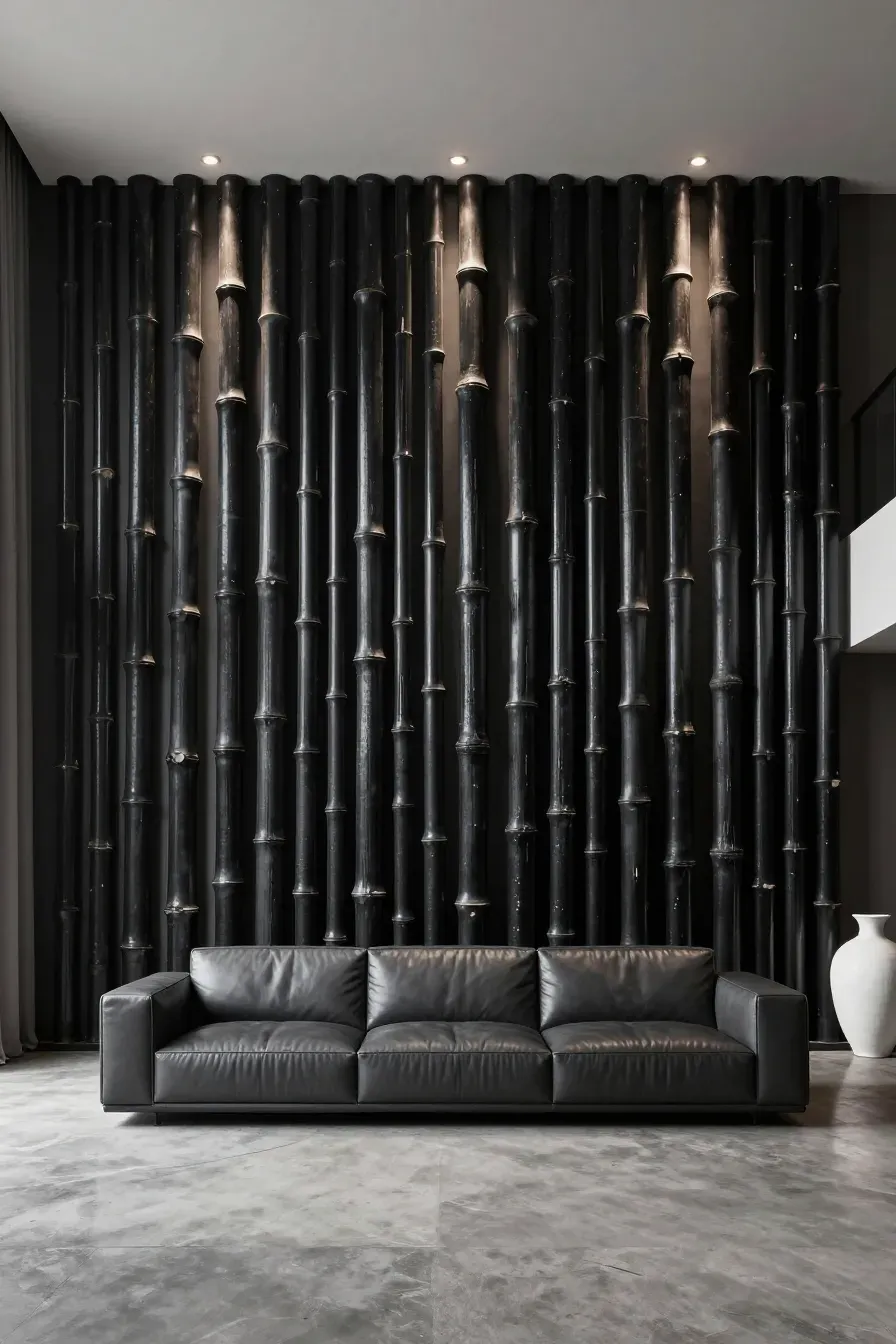 A luxury living room featuring a floor-to-ceiling accent wall made of polished black bamboo poles.