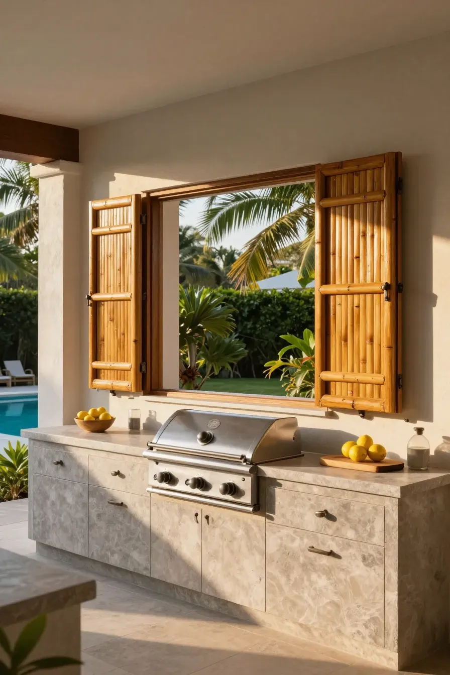An outdoor kitchen with stone counters and hinged bamboo slat shutters opening to a garden view.