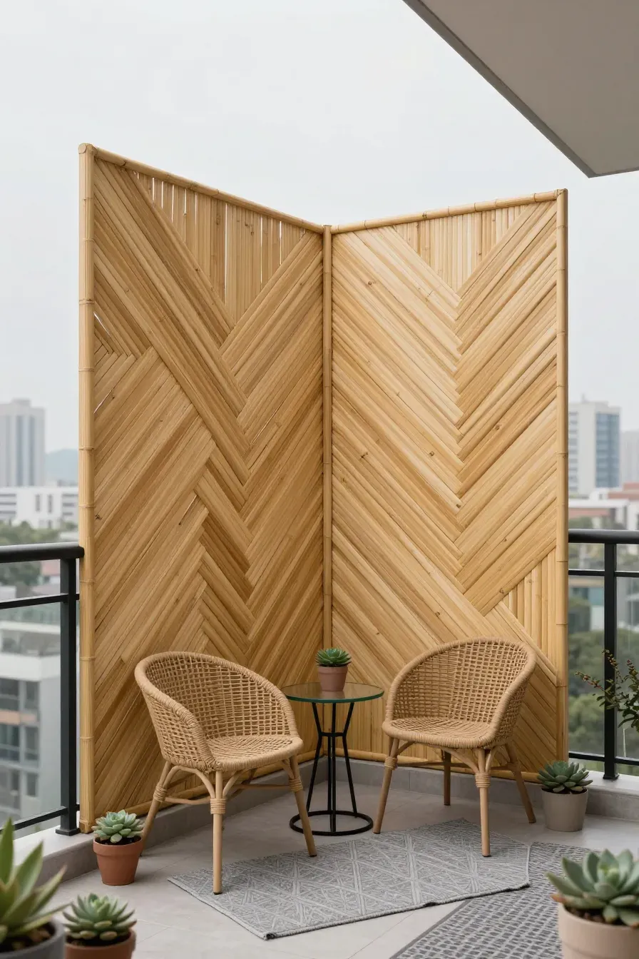 A modern balcony featuring a privacy screen with bamboo slats in a diagonal chevron pattern.