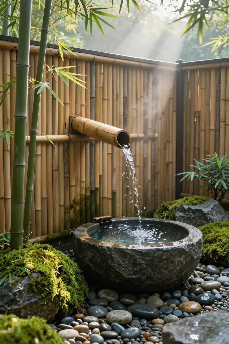 A bamboo water spout mounted on a wall pouring water into a stone basin in a lush Zen garden.