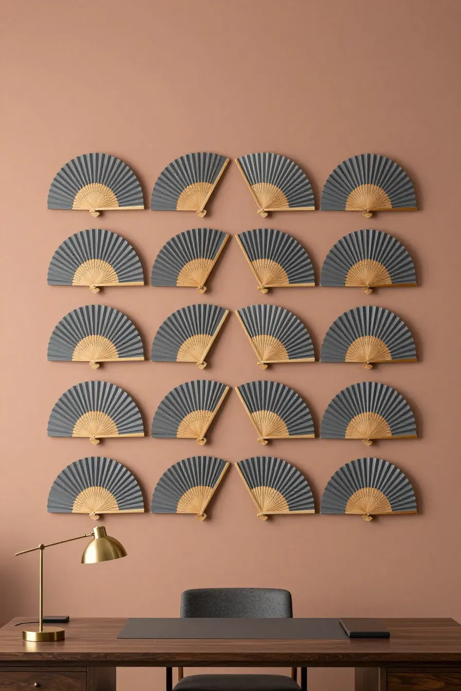A symmetrical 4 by 4 grid of charcoal-painted bamboo fans on a terracotta-colored office wall.