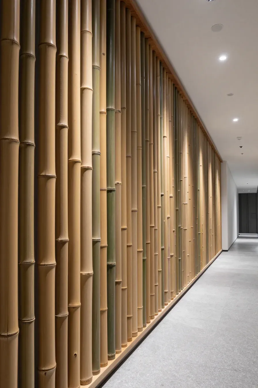 A long hallway wall covered in vertically arranged split bamboo poles creating a textured linear pattern.