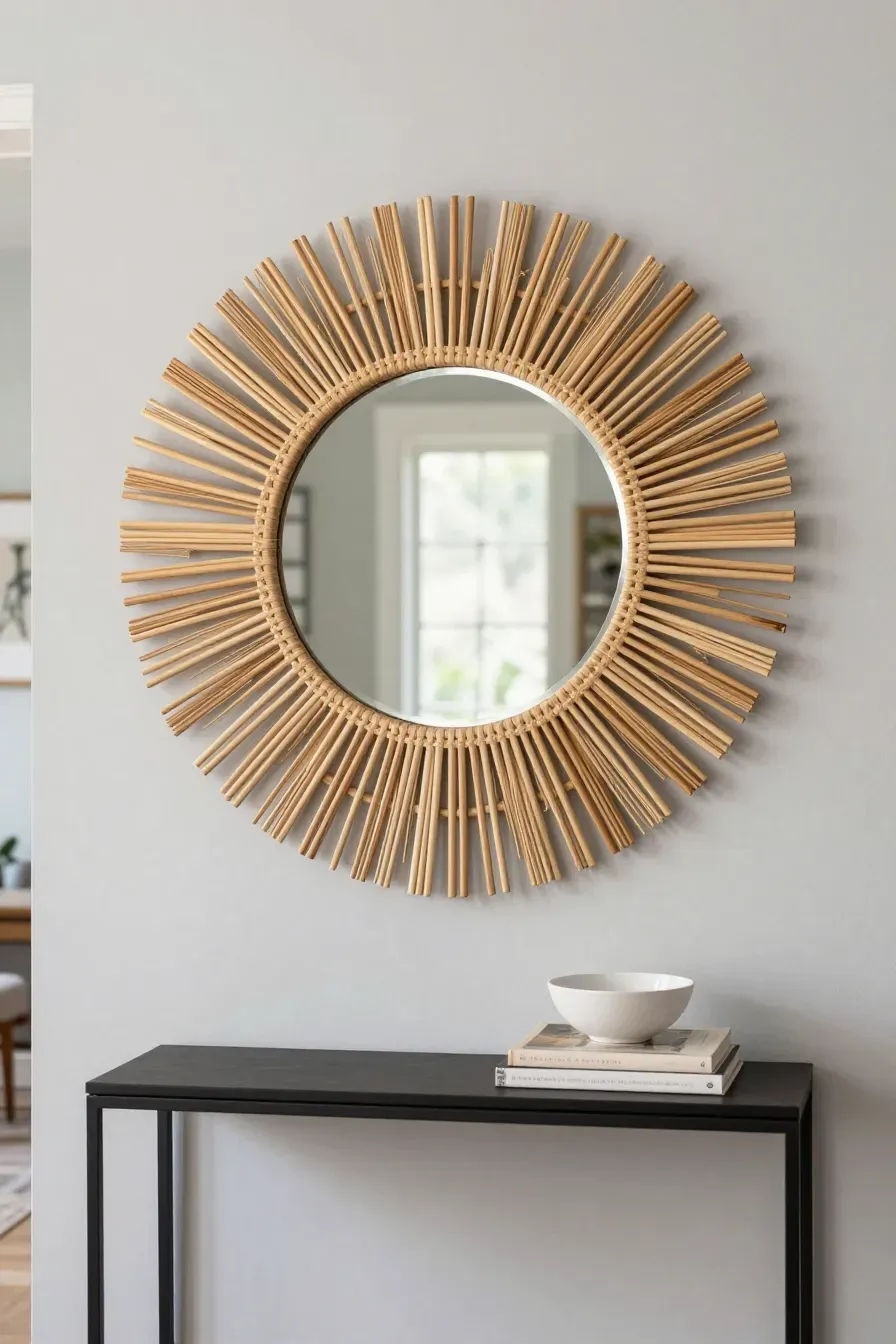 A large circular sunburst-style rattan mirror hanging above a black console table in a bright entryway.