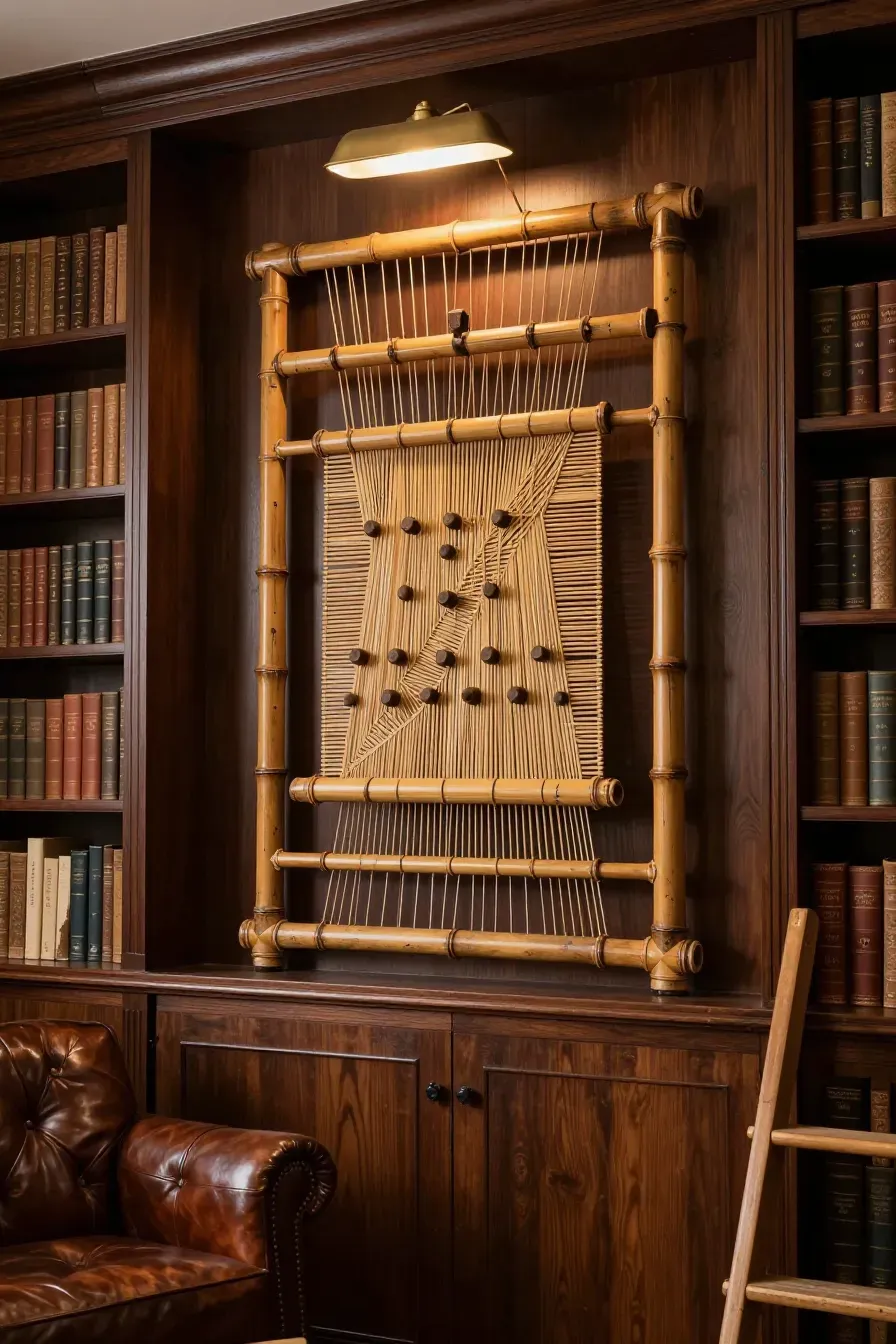 An antique bamboo weaving loom mounted as a sculptural art piece on a library wall between bookshelves.