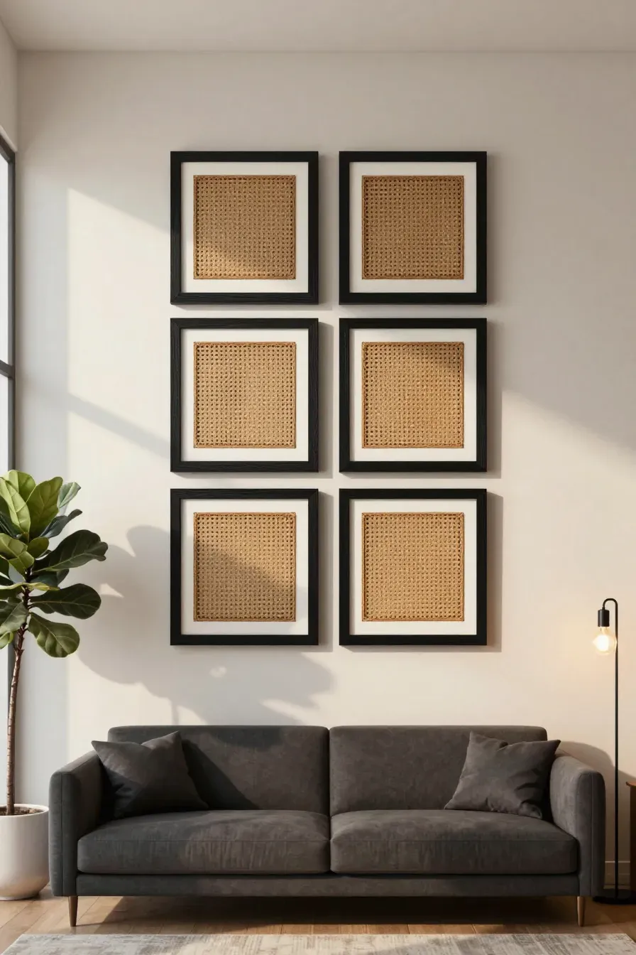 Four black-framed antique rattan lattice panels arranged in a grid above a gray sofa.
