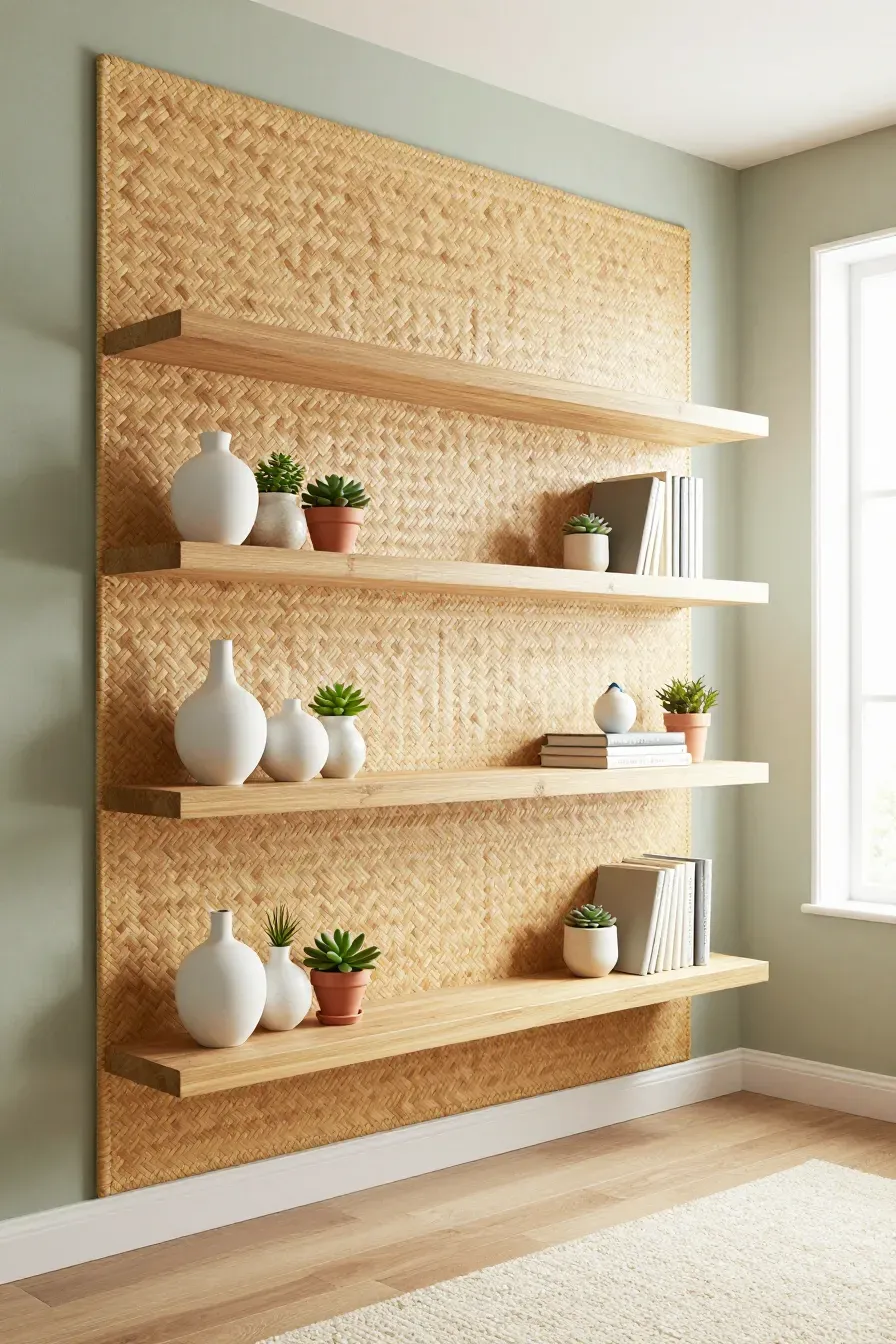 Bamboo floating shelves with a textured woven bamboo wall backing holding plants and books.