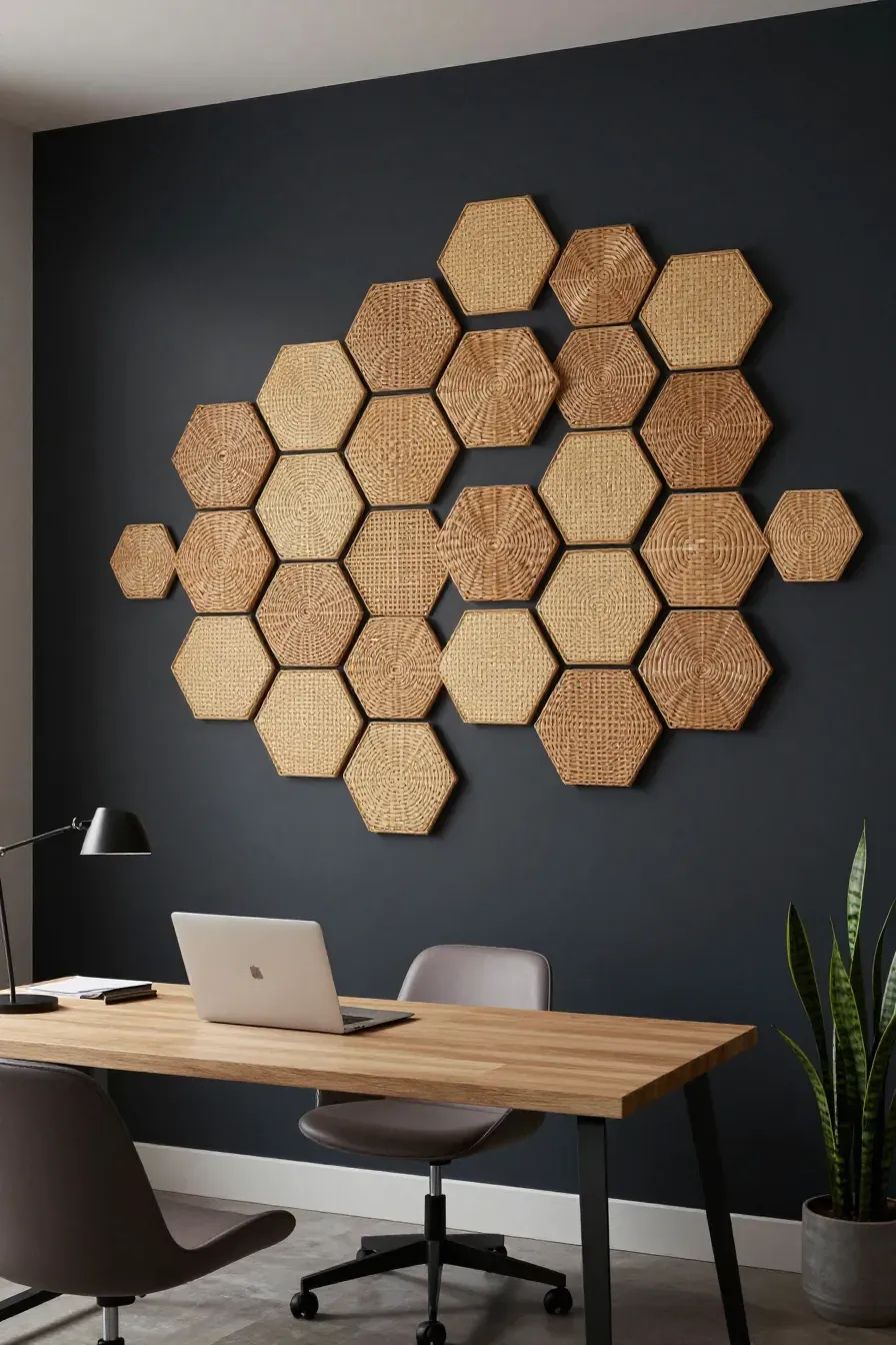 Hexagonal woven rattan tiles arranged in a honeycomb pattern on a dark office wall.