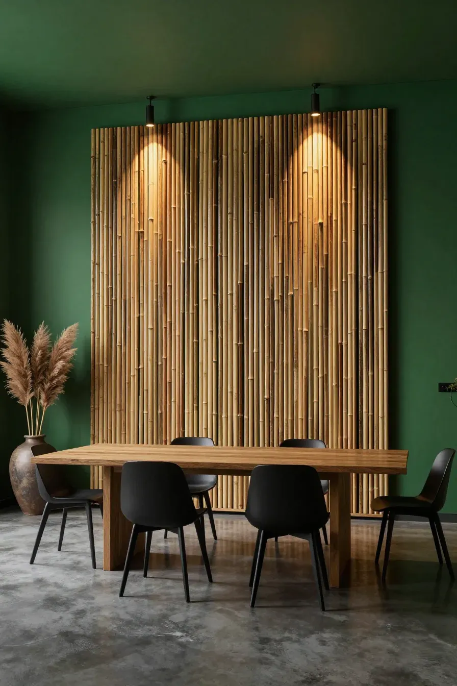 A vertical bamboo slat screen mounted on a dark green wall in a modern dining room.