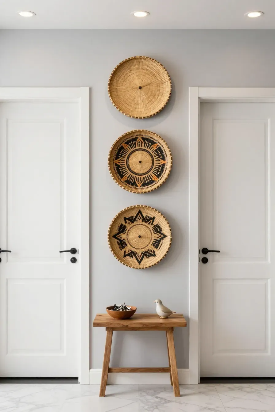 Three circular bamboo trays with geometric patterns hung vertically on a hallway wall.