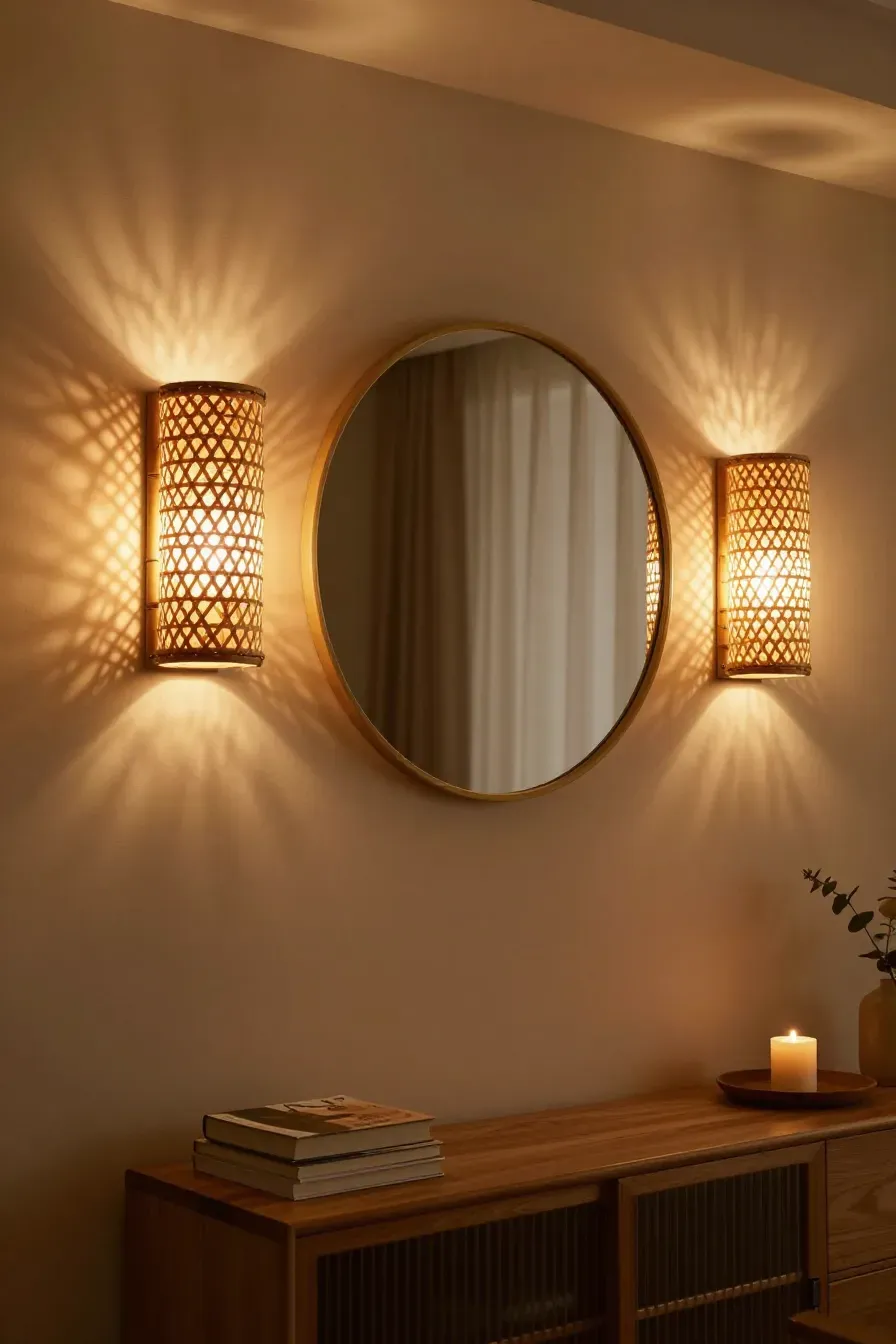Two woven bamboo wall sconces casting decorative shadows on a beige wall next to a mirror.