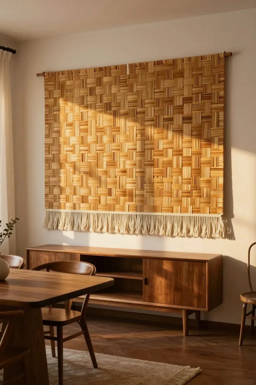 A large woven bamboo wall hanging with cotton fringe displayed in a warm, modern dining room.