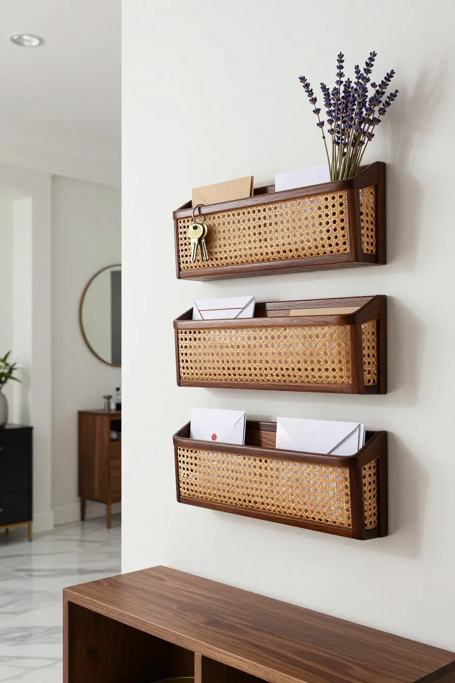 Dark stained rattan wall pockets holding mail and dried flowers on a clean white entryway wall.