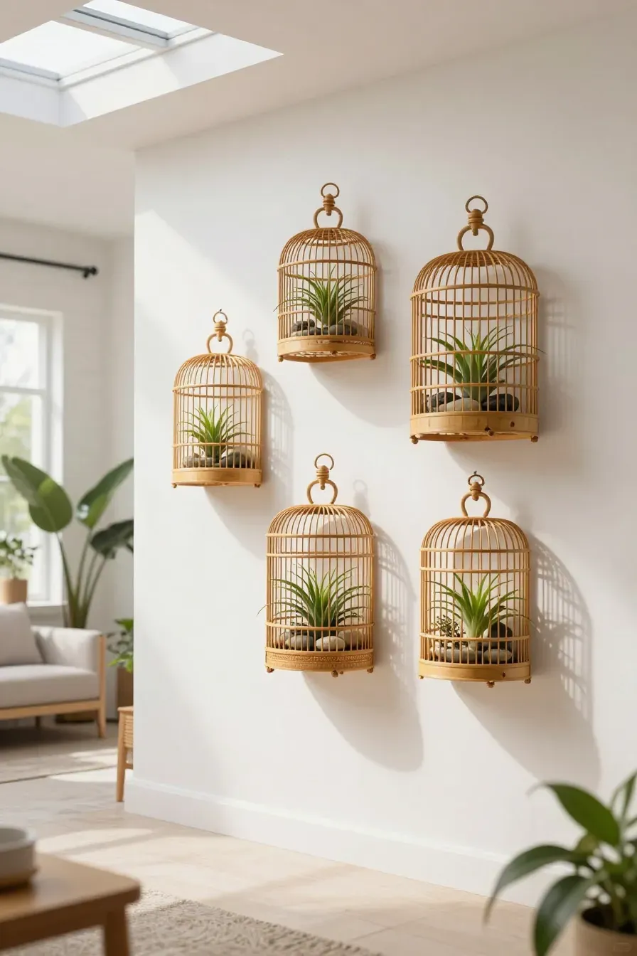 Half-cut bamboo birdcages used as wall-mounted shadow boxes for air plants in a bright room.