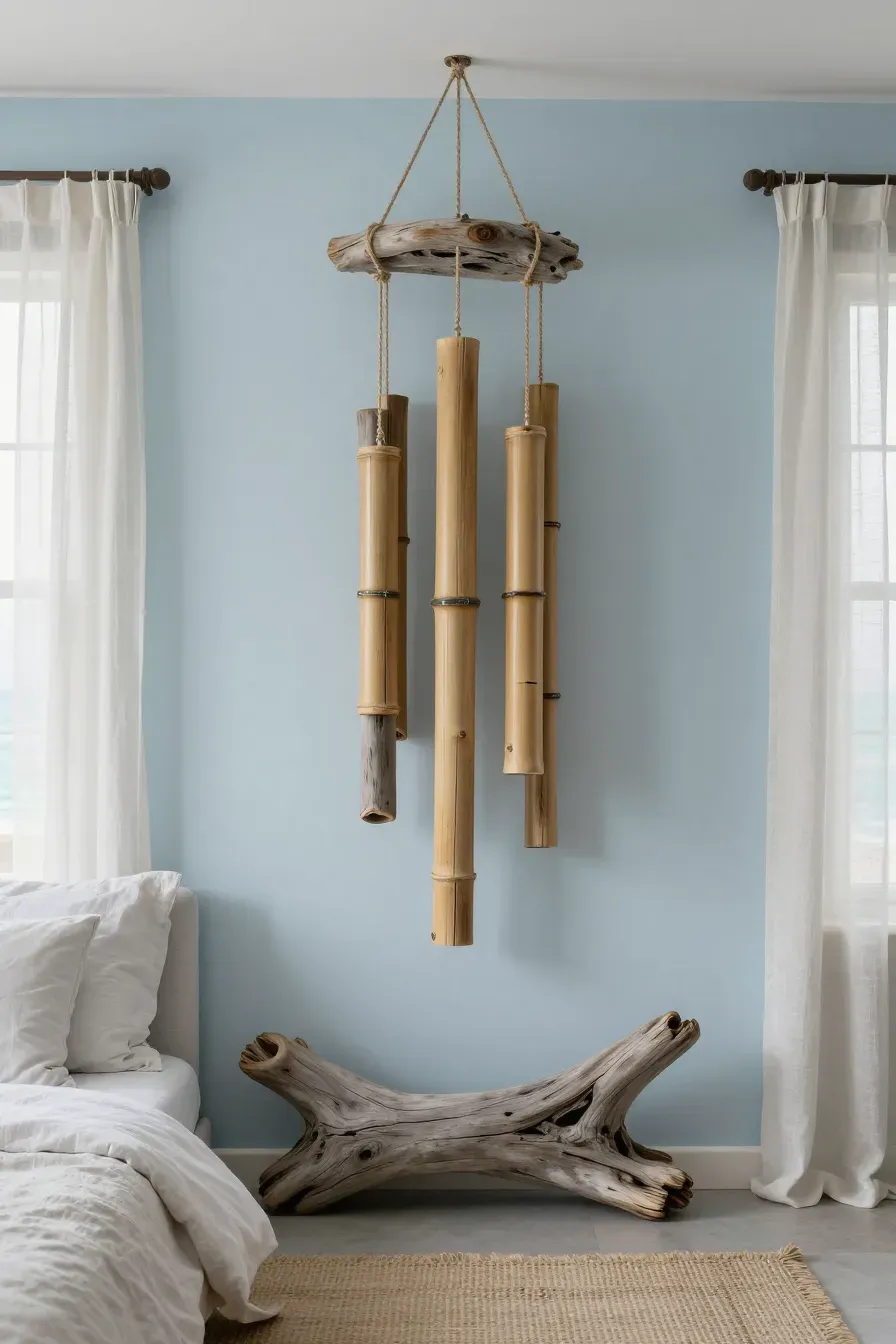 Handmade bamboo wind chimes mounted on driftwood as sculptural wall art in a coastal bedroom.