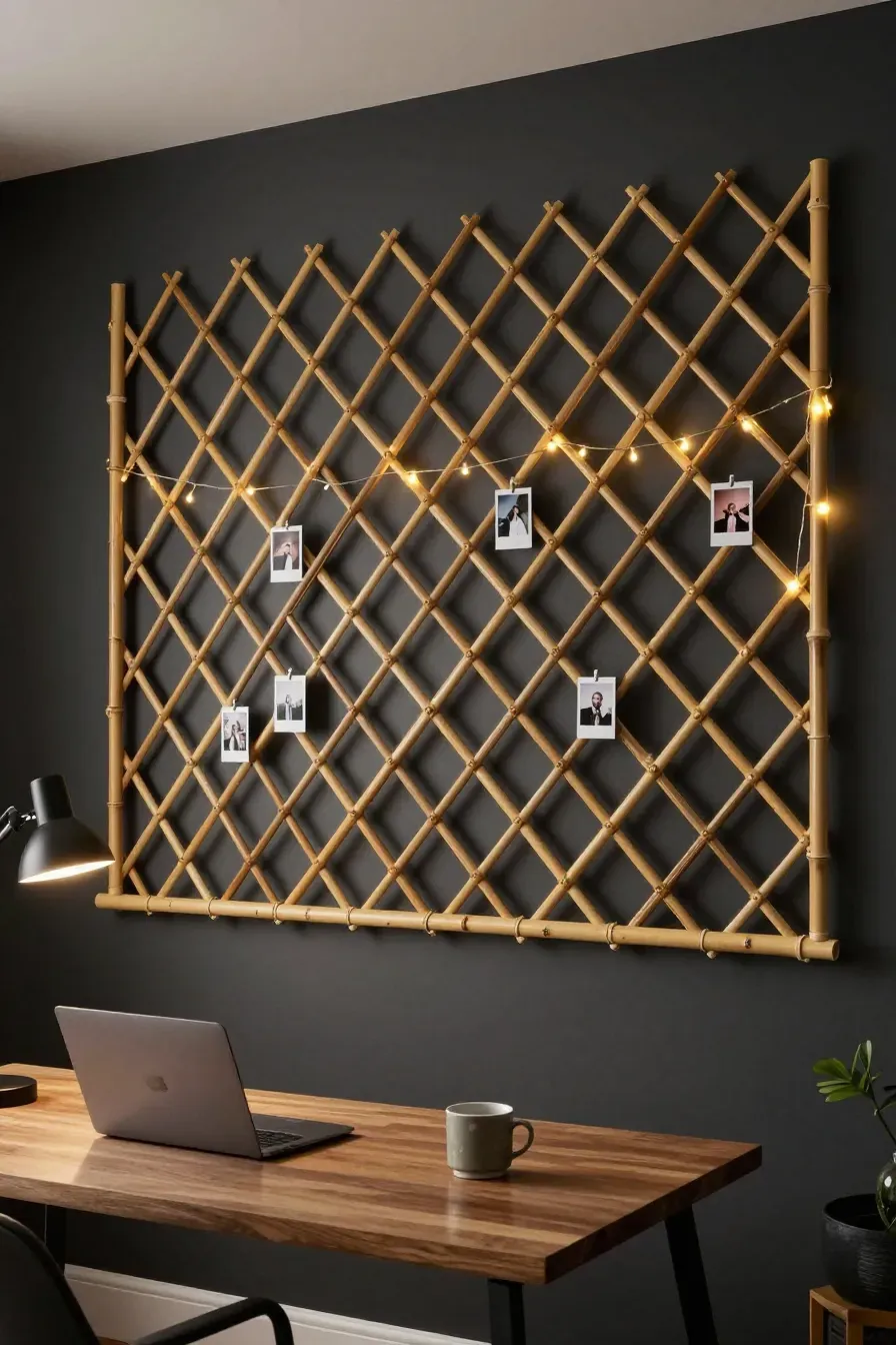 A light bamboo trellis lattice mounted on a charcoal wall with photos and fairy lights.